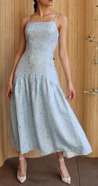 Sister Midi Dress Cisco Blue Wild Flower Linen Fitted Bodice Drop Waist Small